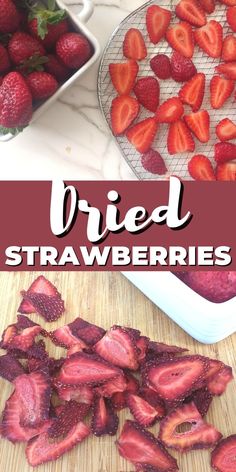 sliced strawberries on a wire rack + dehydrated strawberries Dry Strawberries, Oven Dried Strawberries, Dehydrated Recipes, Dried Fruit Recipe, Dehydrated Strawberries, Perfect Video, Fruit Chip, Fruit Leather