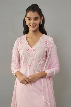 Powder pink kurta with pearls hand embroidery. Comes with palazzo and a dupatta. - Aza Fashions Elegant Embroidered Pink Kurta, Semi-stitched Pearl Embroidered Salwar Kameez, Pink Bollywood Kurta With Handwork, Semi-stitched Pearl Embroidery Kurta, Festive Pink Kurta With Handwork, Elegant Pink Kurta With Floral Embroidery, Festive Pink Handwork Kurta, Pink Chanderi Kurta With Handwork, Elegant Pink Salwar Kameez With Handwork