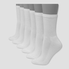 Hanes Premium Women's 6-pack of Soft and Cushioned crew socks have all over softness, and a full cushioned foot bottom for comfort without bulk. Wicking, Cool Comfort? fabric keeps feet cool and dry. With X-temp? technology, these socks are designed to adapt to body temperature for all day comfort. Available in a convenient pack of 6 solid pairs. Fits women's shoe sizes 5-9. Color: white. Gender: female. Age Group: adult. Material: Polyester. Dropouts Podcast, Ankle White Socks, Hanes Socks, White Ankle Socks, White Crew Socks, 6 Pack Women, Sneaker Ball, Sk8 Hi Vans, Sock Packs