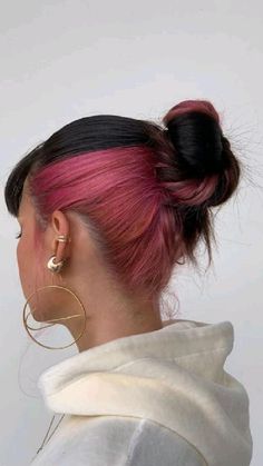 Hair Color Underneath Pink, Light Pink Peekaboo Hair, Pink Hair Trends, Peek A Boo Hair Color For Brunettes, Pops Of Color Hair, Under Dyed Hair, Hidden Hair Color, Pink Hair Dye, Hot Pink Hair