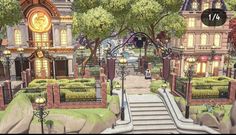 an animated city with lots of buildings and trees in the background, along with stairs leading up to a clock tower