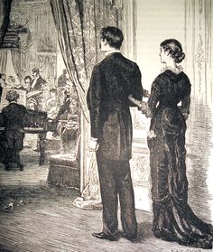 an old drawing of two people standing in front of a man and woman holding hands