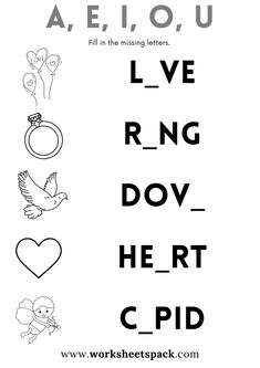 the words love, ring, dove, heart and cupid are outlined in black ink