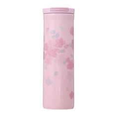 thermos bottle is pink with flowers on it