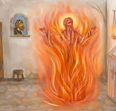 a painting of a man standing in front of a fire with his arms outstretched and hands out