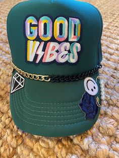 GOOD VIBES with pin details 😍 Trendy Handmade Snapback Trucker Hat, Trendy Green Hat For Festivals, Trendy Green Hat For Festival, Trendy Green Festival Hat, Green Trucker Hat For Festivals, Green Snapback Hat For Festival, Trendy Green Flat Bill Hats, Trendy Green Adjustable Trucker Hat, Trendy Green Adjustable Baseball Cap