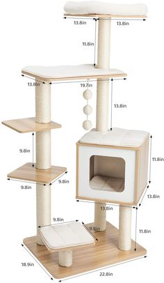 the cat tree is shown with measurements for it's top and bottom levels, including one