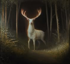 a painting of a deer standing in the middle of a forest with its antlers spread out