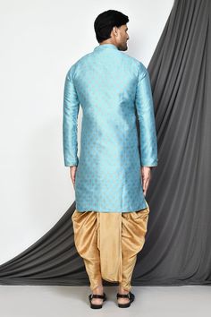 Sky blue full sleeve kurta with floral jacquard woven motifs and mandarin collared neckline. Paired with dark beige dhoti pant. - Aza Fashions Full Sleeve Kurta, Kurta Patterns, Blue Kurta, Dhoti Pants, Floral Jacquard, Dark Beige, Jacquard Weave, Mandarin Collar, Aza Fashion