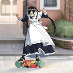 an anime character on a skateboard in front of a building with her arms outstretched