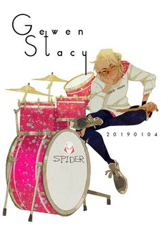 a drawing of a man sitting on top of a pink drum set with the words spider written across it