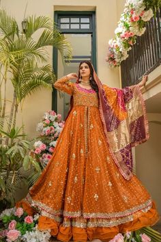 Royal Front Open Pishwas Lehenga Pakistani Bridal Dress Mehendi Frock Design, Front Open Maxi Dress Pakistani, Front Open Frock Designs, Haldi Dress For Bride Pakistani, Orange Bridal Dress, Pishwas Designs, Pishwas Lehenga, Pishwas Pakistani, Bridal Pishwas