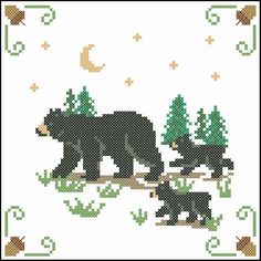 two bears are walking in the woods together with pine trees and moon on the background