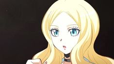 an anime character with long blonde hair and blue eyes holding a knife in her hand