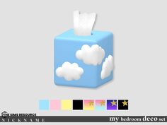 a tissue box with clouds and stars on the lid is shown in this graphic style