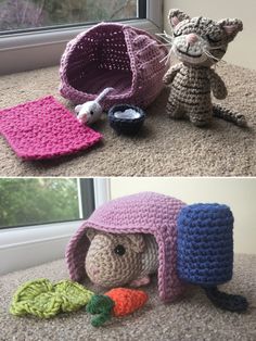 Kitty playset Crochet Pattern Crochet Guinea Pig Bed, Crochet Guinea Pig Pattern Free, Desk Pet, Crochet Game, Crochet Plushies, Crochet Elephant, Crochet Things, Crochet Amigurumi Free, Fun Crochet Projects