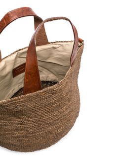 Tan straw woven basket tote from IBELIV featuring leather trims, top handles, an open top design and a canvas lining. This item is in size UNI and the color is Chloe Purses, Basket Tote, Straw Bags, Woven Basket, Marine Serre, Timeless Accessories, Gorgeous Bags, Top Design, Shopping Tote