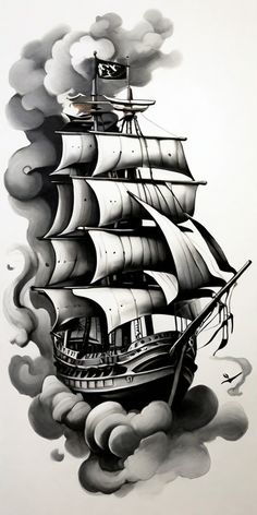 a black and white drawing of a ship in the clouds