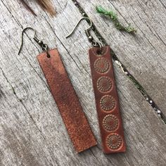 Warm Chocolate, Leather Bar, Veg Tan Leather, Daisy Earrings, Hand Tooled Leather, Leather Pieces, Bar Earrings, Leather Earrings, Leather Tooling