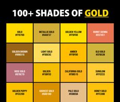 the 100 + shades of gold poster is shown in yellow, pink, and purple