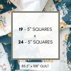 the square quilt pattern is shown in white and blue with flowers on it, along with an additional size for each square