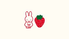 a drawing of a rabbit next to a strawberry