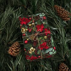 a wrapped present sitting on top of a tree next to pine cones and christmas decorations