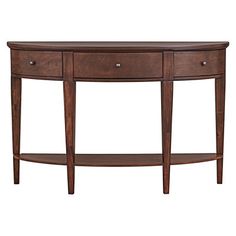 a wooden console table with two drawers on one side and an open shelf at the top