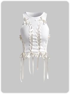 Y2k Balletcore White Side slit Lace up Top Tank Top & Cami | kollyy Neck Bow Tie, White Crop Tank, White Crop Top Tank, Preformance Outfits, Lace Up Top, Neck Bow, White Cami, Y2k Top, Tie Styles