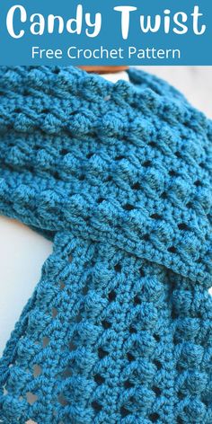 a blue crochet scarf with text that reads candy twist free crochet pattern