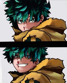 two pictures of an anime character with green hair and blue eyes, one is wearing a yellow jacket