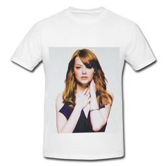 a white t - shirt with an image of a woman holding her hands to her face