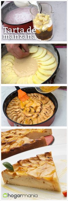 three pictures showing different types of pies in pans and one with slices cut out