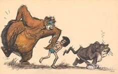 a drawing of two people chasing a big bear