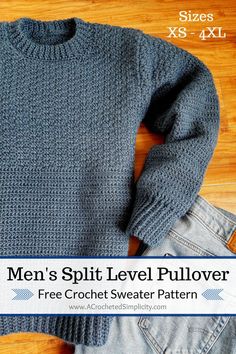 the men's split level pullover sweater pattern is shown on a wooden floor