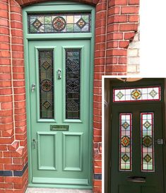 two doors with stained glass on them and one has a green door in the middle