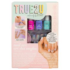 Buy the STMT™ True2U™ Trendy Nail Art at Michaels. With three vibrant peel-off polishes, a smiley face nail file, cool nail decals, and even a set of press-on nails, you have everything you need to level up your next manicure. The STMT True2U Trendy Nail Art set is your all-in-one ticket to instant salon-style nails! With three vibrant peel-off polishes, a smiley face nail file, cool nail decals, and even a set of press-on nails, you have everything you need to level up your next manicure. Polis Style Nails, Nail Art Set, Trendy Nail, Trendy Nail Art, Activity Kits, Salon Style, Sleepover Party, Clean Ingredients, Nail Decals