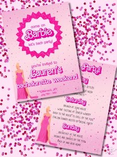 two pink and white party flyers with confetti on the bottom one has a woman's dress