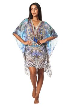 Luxury Silk Caftan Dress - La Moda Boho Resort & Swimwear Silk Caftan, Rhinestone Embellishments, Caftan Dress, Luxury Silk, Cut It, Dress Cover, Animal Pattern, Short Outfits, Print Patterns