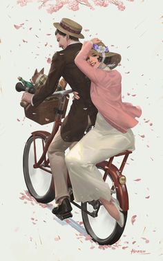 a man riding on the back of a bike next to a woman in a pink dress