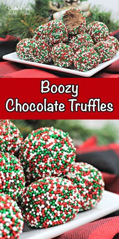 chocolate truffles with sprinkles on a white plate and red table cloth