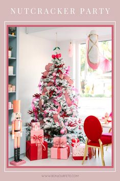 a pink christmas tree with presents under it and the words nutcracker party above it