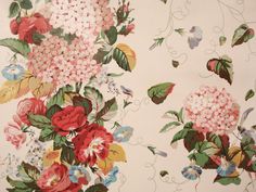 peach fabric printed with bunches of hydrangeas Blue And Green Design, Garden Tattoos, English Country Garden, Chintz Fabric, Nursery Curtains, Large Floral Print, English Country Gardens, Rustic Curtains, Luxury Fabric