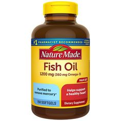 Nature Made Fish Oil 1200 mg is a dietary supplement that provides 360 mg Omega-3 fatty acids per softgel to help support a healthy heart. A serving of two Nature Made Omega 3 Fish Oil 1200 mg softgels provides 2400 mg Fish Oil with 720 mg Omega 3s (600 mg EPA and DHA). Sourced from high quality ingredients, these gluten free Nature Made Fish Oil 1200 mg 360 mg Omega-3 supplements have no color added and no artificial flavors. These Fish Oil supplements are purified to remove mercury (2) from Object Oc, Fish Oil Supplements, Omega 3 Fish, Omega 3 Supplements, Bible Topics, Omega 3 Fish Oil, 3 Fish, Healthy Heart, Fatty Fish