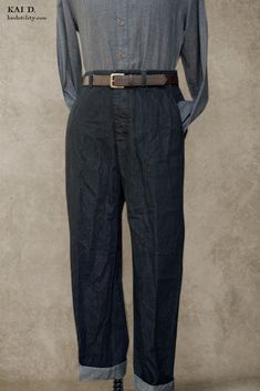 Made in deep indigo denim in cotton linen blend. Extremely comfortable. The color is very very dark indigo. Bosun pants are our latest high waisted plain front model. Inspired by vintage 1910s naval work pants . Roomy around the tight with slight tapered legs. Size 30: Actual waist 32", inseam 31 1/2", bottom opening: 14 12" Size 32: Actual waist 34", inseam 31 1/2" , bottom opening: 16" Size 34: Actual waist 36", inseam 31 1/2" , bottom opening: 16" Size 36: Actual waist 38", inseam 31 1/2" , b Full-length Indigo Cotton Pants, Classic Dark Wash Wide Leg Pants, Pre-washed Indigo Denim Bottoms, Full Length Cotton Pants In Indigo, Indigo Full-length Cotton Pants, Indigo Full Length Cotton Pants, Full Length Indigo Cotton Pants, Denim Blue Relaxed Fit Pre-washed Bottoms, Pre-washed Relaxed Fit Denim Bottoms