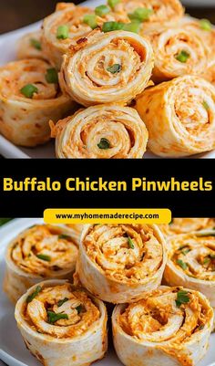 several different types of burritos on a plate with the words buffalo chicken pinwheels