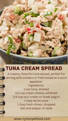 a recipe for tuna cream spread in a blue bowl