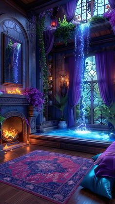 a bedroom with a fireplace and purple curtains