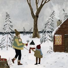 a painting of two people making a snowman outside in the snow near a cabin