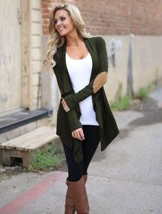 Cardigan Overall Outwear  Coat - Landing Closet Cute Blazer Outfits, Fall Outfits 2018, Look Legging, Blazer Outfits Casual, Blazer Outfits For Women, Blazer Outfit, Cute Spring Outfits, Green Cardigan, Casual Cardigans